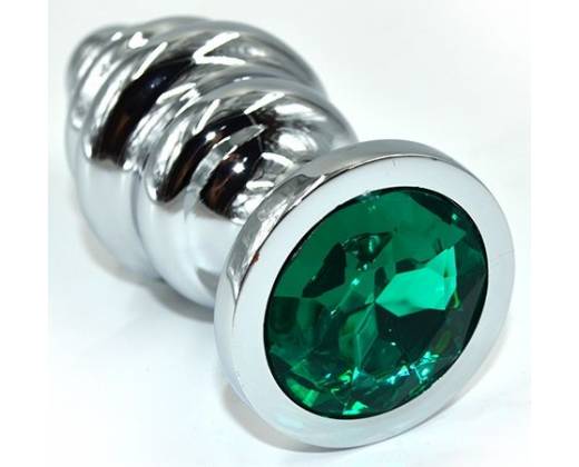 Серебристая анальная пробка из нержавеющей стали с зеленым кристаллом - 8,8 см.