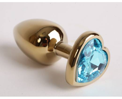 Золотистая анальная пробка с голубым кристаллом-сердцем - 9 см.