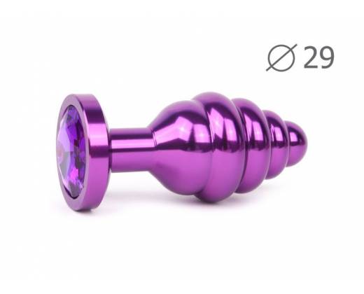 Коническая ребристая фиолетовая анальная втулка с кристаллом фиолетового цвета - 7,1 см.