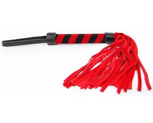 Красная многохвостовая плеть с круглой красно-черной ручкой - 39 см.