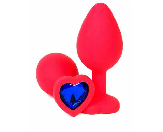 Красная силиконовая анальная пробка с синим стразом-сердцем - 8,5 см.