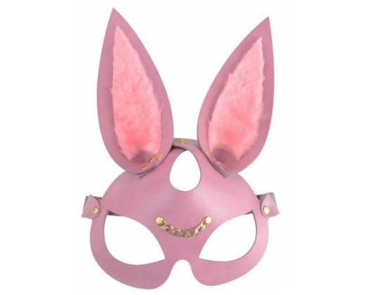 Розовая кожаная маска "Зайка" с длинными ушками