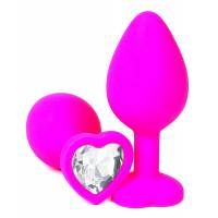 Розовая силиконовая пробка с прозрачным кристаллом-сердцем - 8 см.