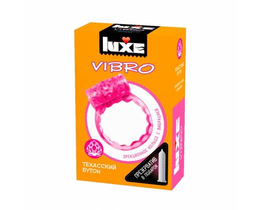 Розовое эрекционное виброкольцо LUXE VIBRO "Техасский бутон" + презерватив