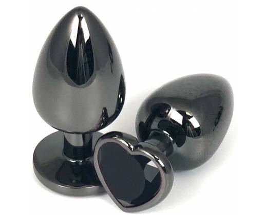 Черная металлическая анальная пробка с черным стразом-сердечком - 7,5 см.