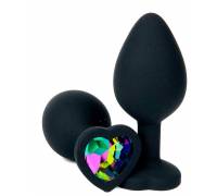 Черная силиконовая пробка с разноцветным кристаллом-сердечком - 7 см.
