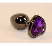 Чёрная анальная пробка с фиолетовым кристаллом-сердцем - 8 см.