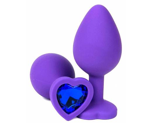 Фиолетовая силиконовая анальная пробка с синим стразом-сердцем - 8,5 см.