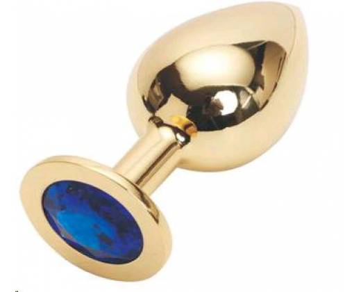 Золотистая анальная пробка GOLDEN PLUG Large с синим кристаллом - 9,5 см.