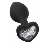 Черная силиконовая анальная пробка с прозрачным стразом-сердечком - 7,3 см