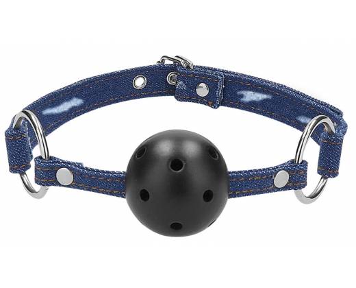 Кляп-шарик With Roughend Denim Straps с синими джинсовыми ремешками