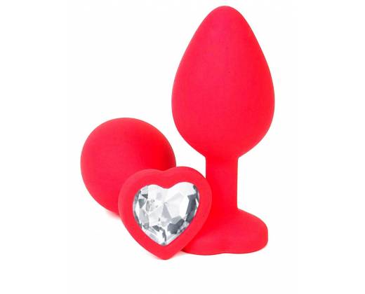 Красная силиконовая анальная пробка с прозрачным стразом-сердцем - 8,5 см.