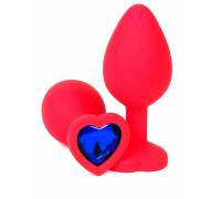 Красная силиконовая анальная пробка с синим стразом-сердцем - 10,5 см.