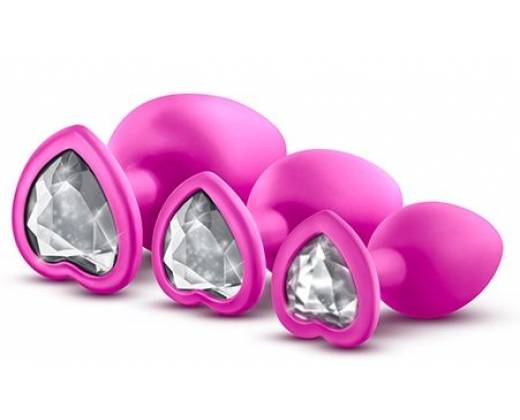 Набор розовых анальных пробок с прозрачным кристаллом-сердечком Bling Plugs Training Kit