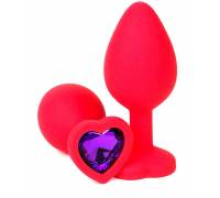 Красная силиконовая анальная пробка с фиолетовым стразом-сердцем - 10,5 см.