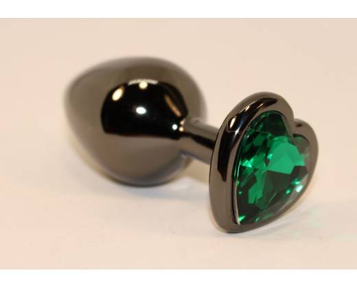 Черная коническая анальная пробка с зеленым кристаллом-сердечком - 8 см.