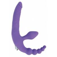 Фиолетовый безремневой страпон с анальным отростком и вибрацией - 15 см.