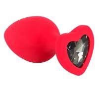 Красная силиконовая анальная пробка с черным стразом-сердечком - 9,3 см