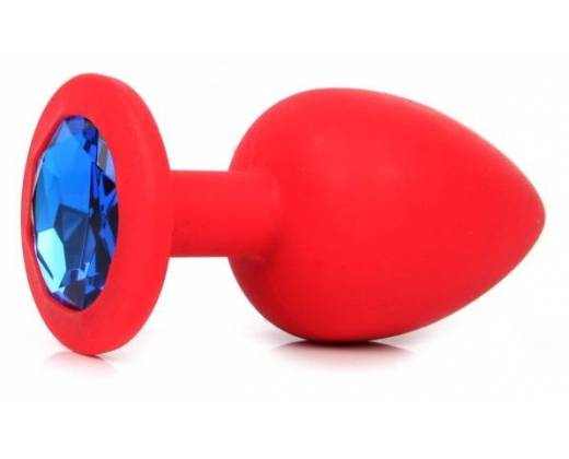 Красная силиконовая анальная пробка с синим стразом - 9,2 см.