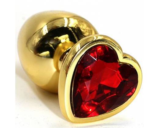 Золотистая анальная втулка с красным кристаллом-сердцем - 7 см.