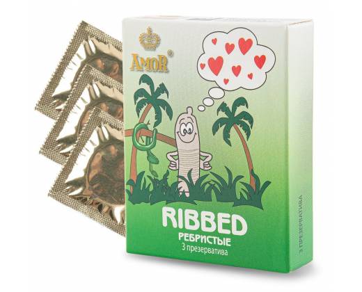 Ребристые презервативы AMOR Ribbed "Яркая линия" - 3 шт.