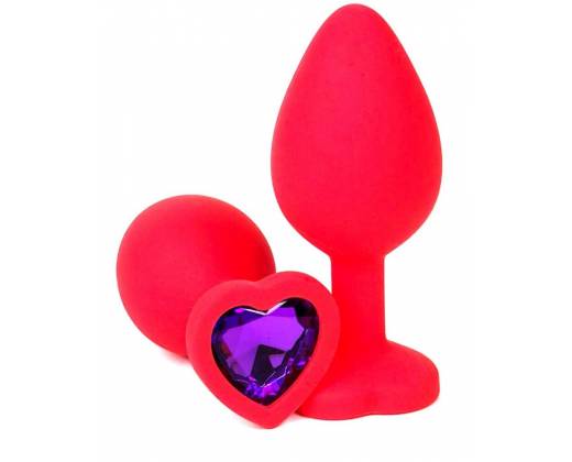 Красная силиконовая анальная пробка с фиолетовым стразом-сердцем - 8 см.