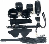 Набор БДСМ в черном цвете: наручники, поножи, кляп, ошейник с поводком, маска, веревка, плеть