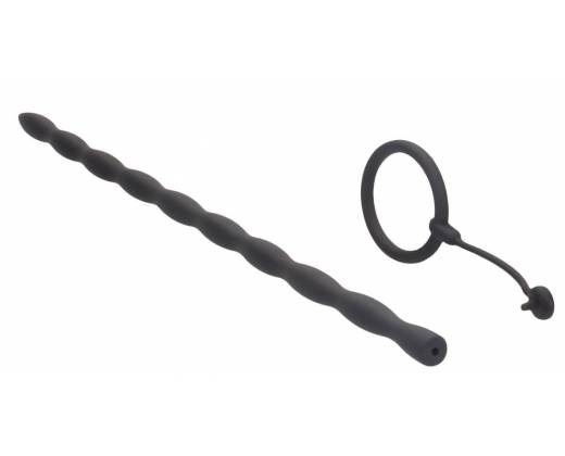 Черный стимулятор уретры с кольцом на головку Silicone Plug & Cock Ring Set