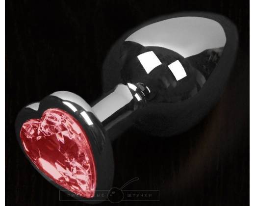 Серая анальная пробка с красным кристаллом в виде сердечка - 6 см.