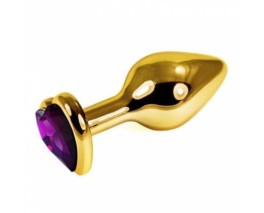 Золотистая анальная втулка с фиолетовым кристаллом-сердцем - 7 см.