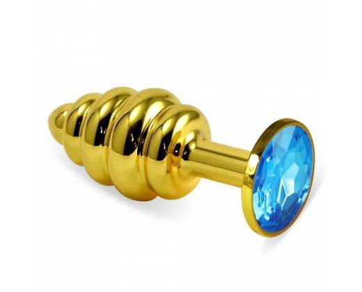 Золотистая пробка с рёбрышками и голубым кристаллом - 7 см.