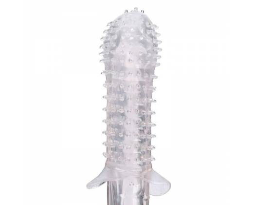 Прозрачная массажная насадка на пенис с шишечками и юбочкой - 12,5 см.