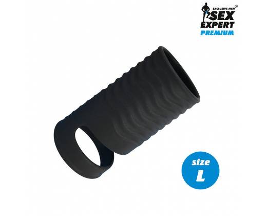 Черная открытая насадка на пенис с кольцом для мошонки L-size - 8,5 см.