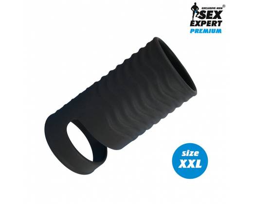 Черная открытая насадка на пенис с кольцом для мошонки XXL-size - 9,4 см.