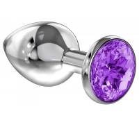 Серебристая анальная пробка Sparkle XL с фиолетовым кристаллом - 11 см.
