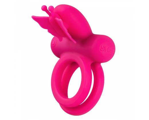 Розовое эрекционное виброкольцо Silicone Rechargeable Dual Butterfly Ring