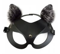 Черная кожаная маска "Кошечка" с мехом