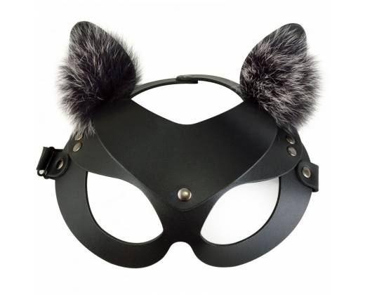 Черная кожаная маска "Кошечка" с мехом