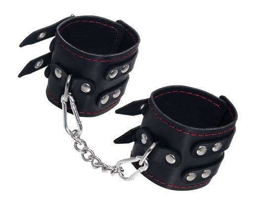 Черные кожаные наручники с двумя ремнями и контрастной строчкой