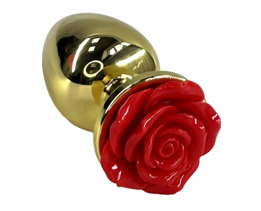 Золотистая анальная пробка с ограничителем в форме красной розы - 10 см.