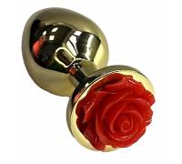 Золотистая анальная пробка с ограничителем в форме красной розы - 9 см.