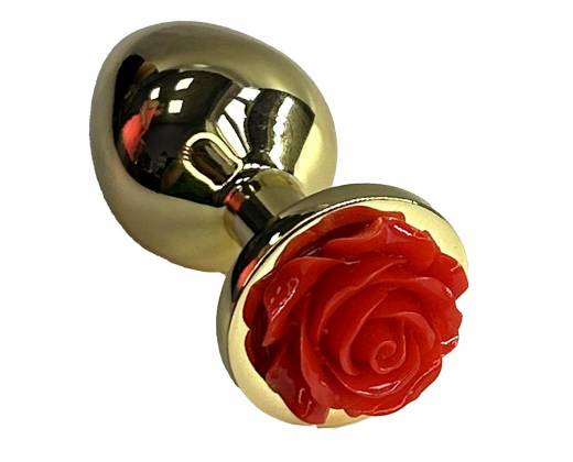 Золотистая анальная пробка с ограничителем в форме красной розы - 9 см.