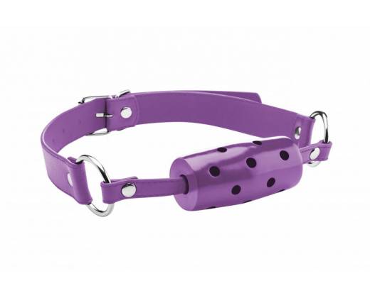 Фиолетовый резиновый кляп-цилиндр Cylinder на кожаных ремешках