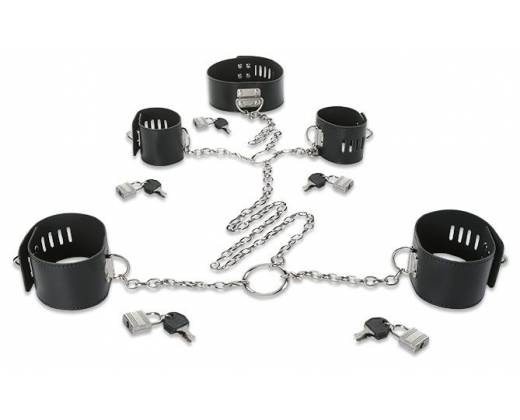 Набор для фиксации: наручники, оковы и ошейник, соединённые цепями и кольцами