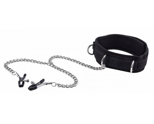 Чёрный воротник с зажимами для сосков Velcro Collar