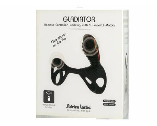 Чёрная эрекционная насадка Gladiator со стимулятором клитора и пультом управления вибрацией