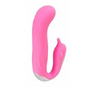 Розовый вибратор для внутренней и внешней стимуляции Hands-Free Dolphin - 18 см.